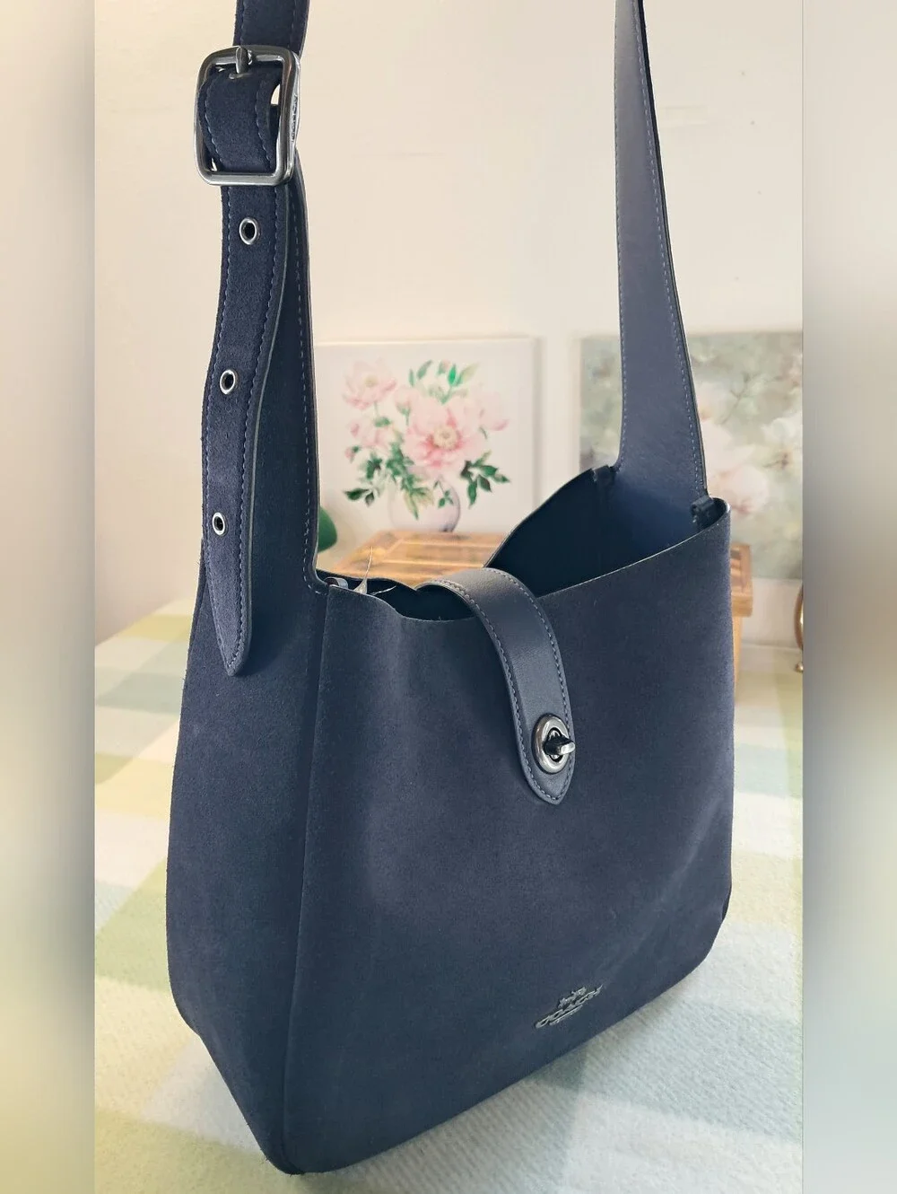 Coach CW004 Hadley Convertible Crossbody Bag Navy Blue Suede Leather